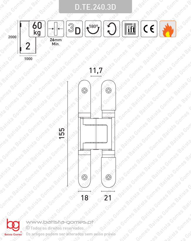 Dobradi�a oculta / invis�vel TECTUS 3 D - Carga 60Kgs (2 Dobradi�as)